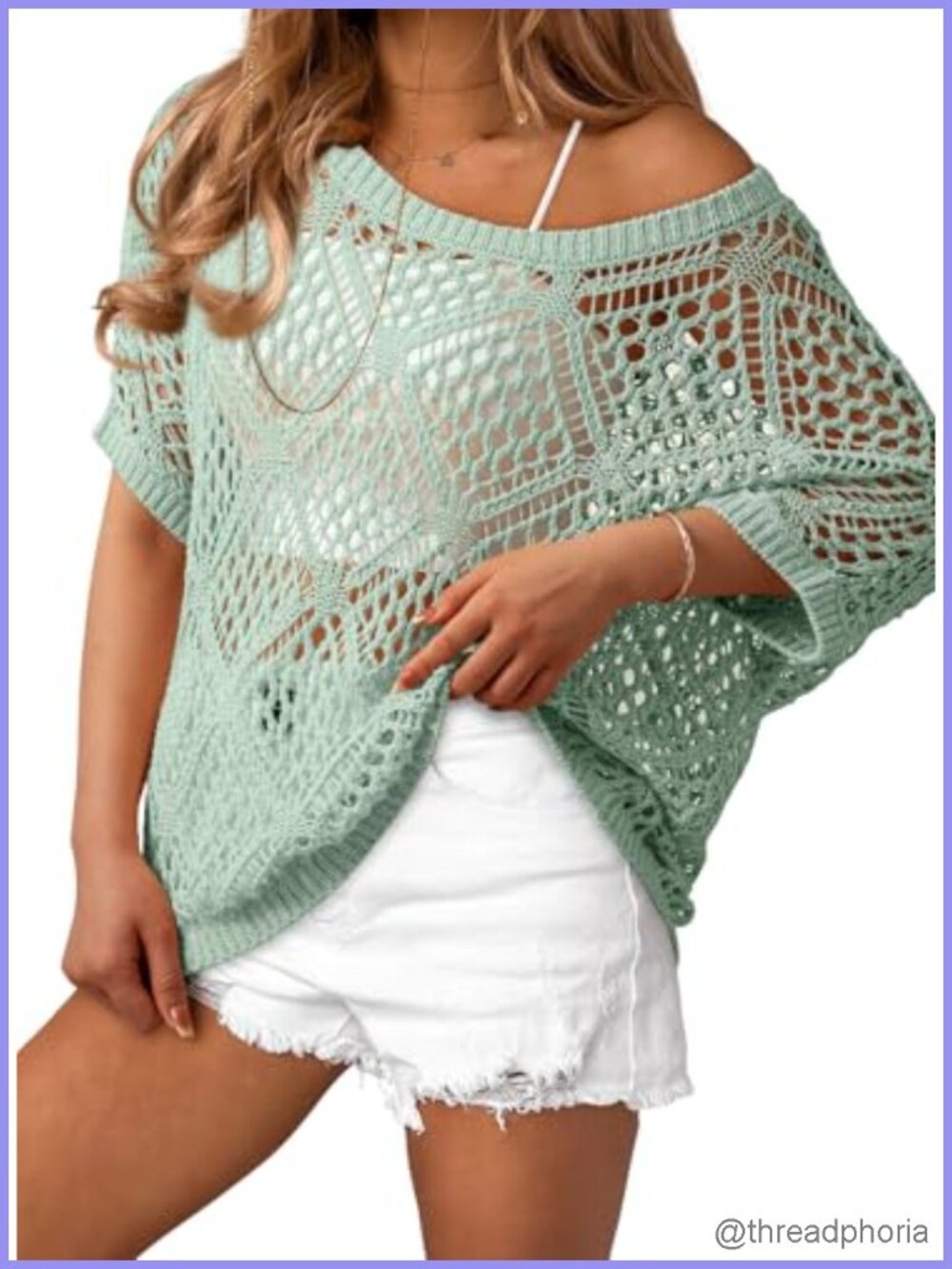 Women's Crochet Cover Up Top Short Sleeve Off Shoulder Beach Swimsuit Coverup